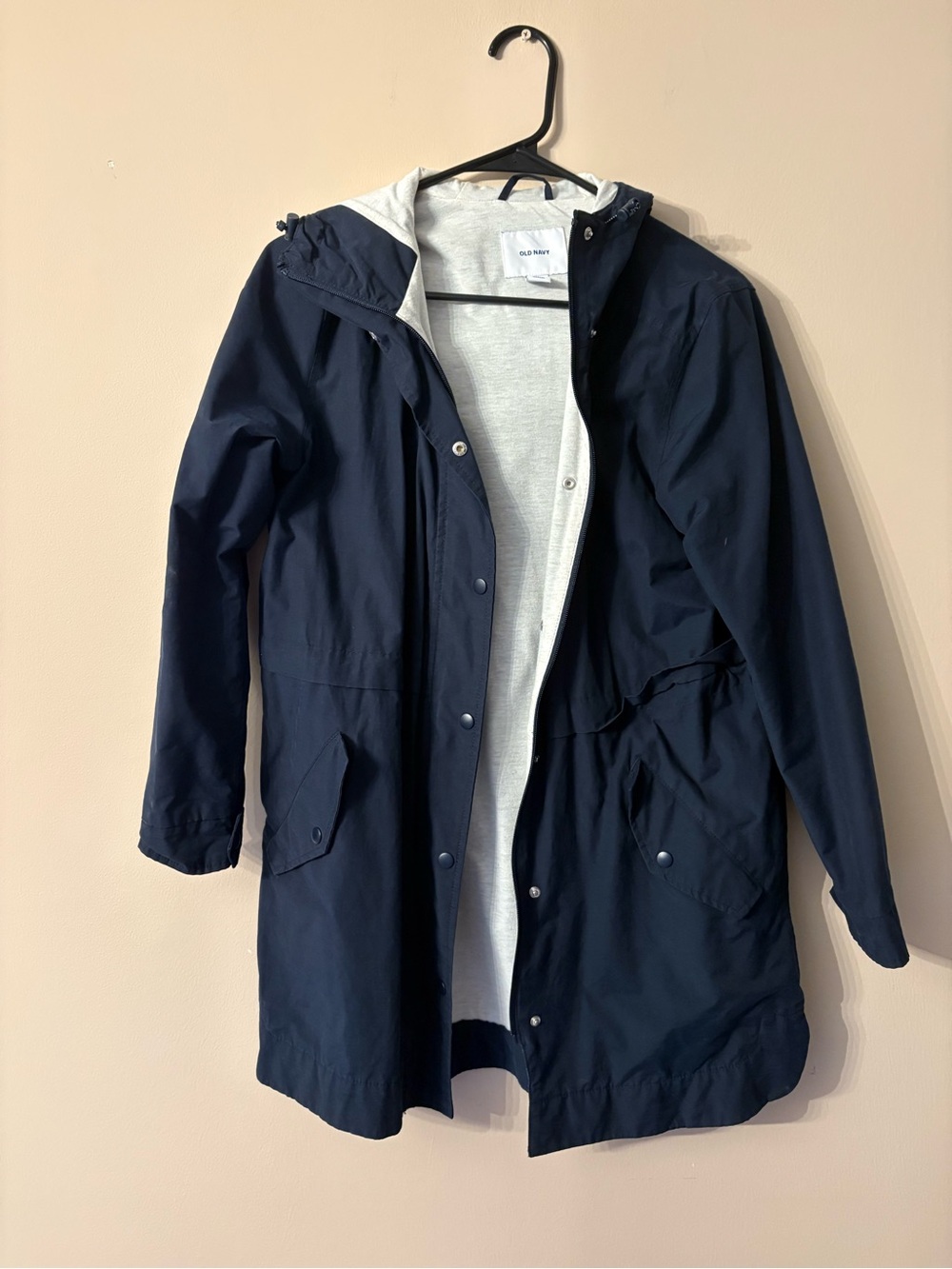 Old Navy Navy Hooded Trench Coat with Light Gray Lining